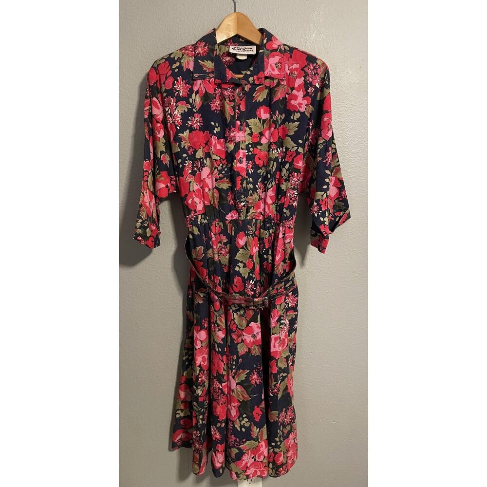 Vintage American Shirt Dress Floral Belted Dress Womens 13/14 Romantic 80s
